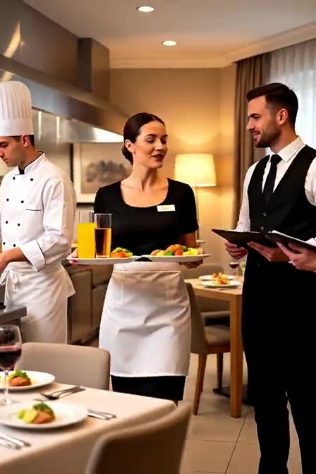 Tim hotelskog restorana: kuhar, konobarica s tanjirima i nasmijani konobar s tabletom.